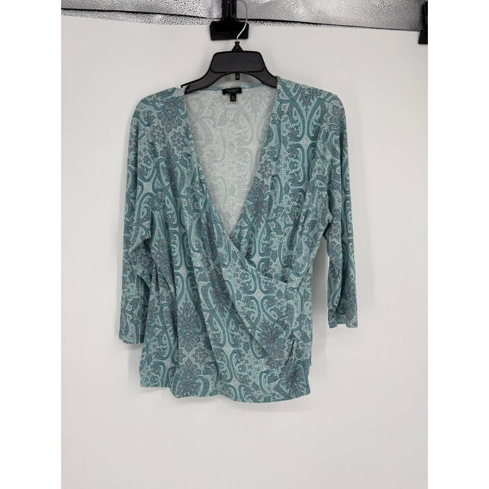 Talbots Top‎ Women 1XP Teal Paisley Surplice Wrap 3/4 Sleeve Knit Blouse